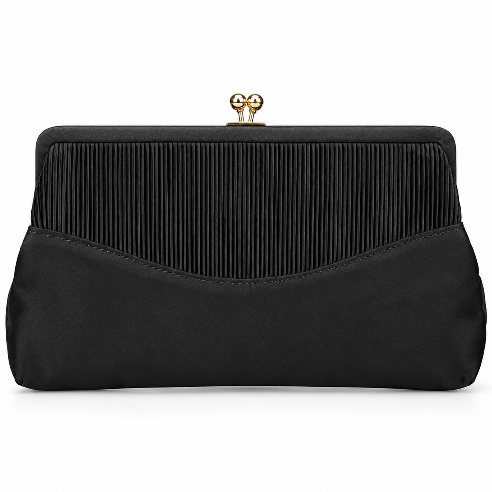 St. Thomas Pleated Kisslock Clutch Womens Small Black Satin Vintage